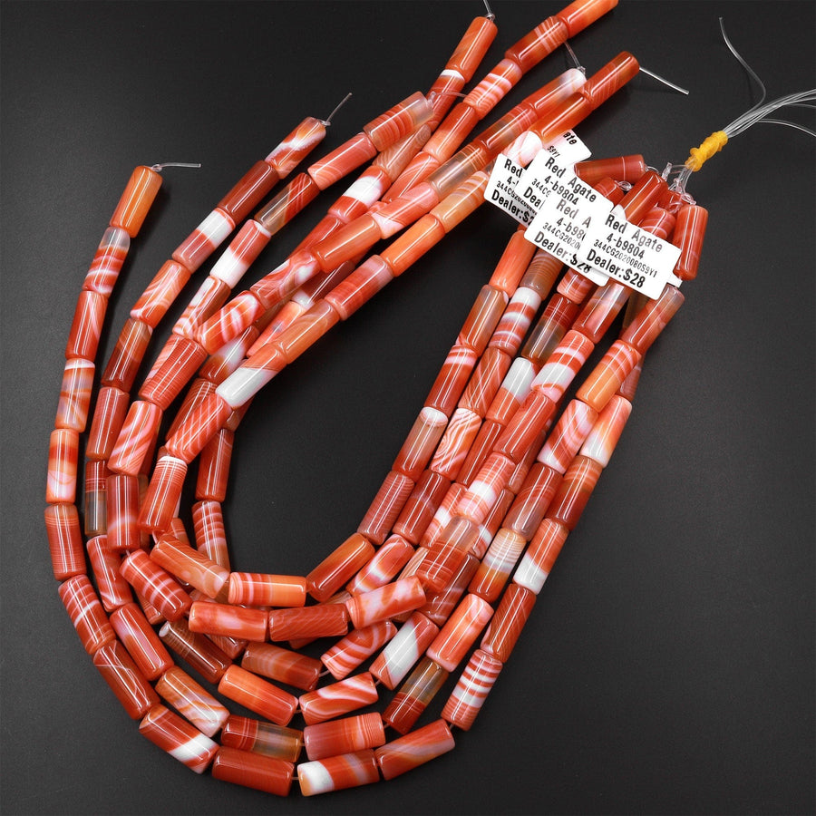 Natural Red Agate Long Tube Cylinder Beads 15.5" Strand