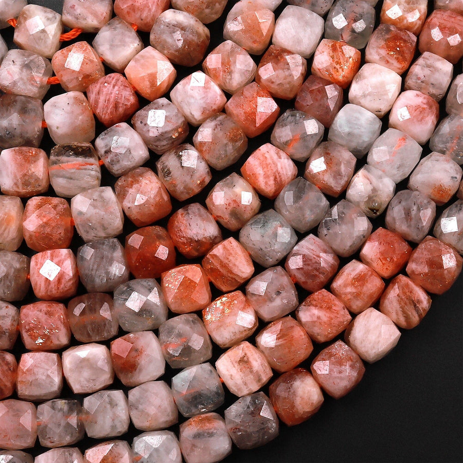 Faceted Natural Aventurescent Sunstone Cube Beads 6mm 8mm 15.5" Strand