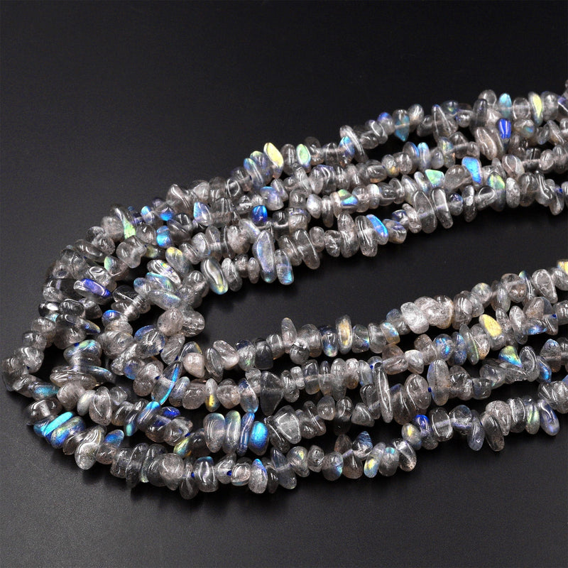Natural Labradorite Green Blue Flashes Freeform Chip Pebble Nugget Beads Gemstone 15.5" Strand