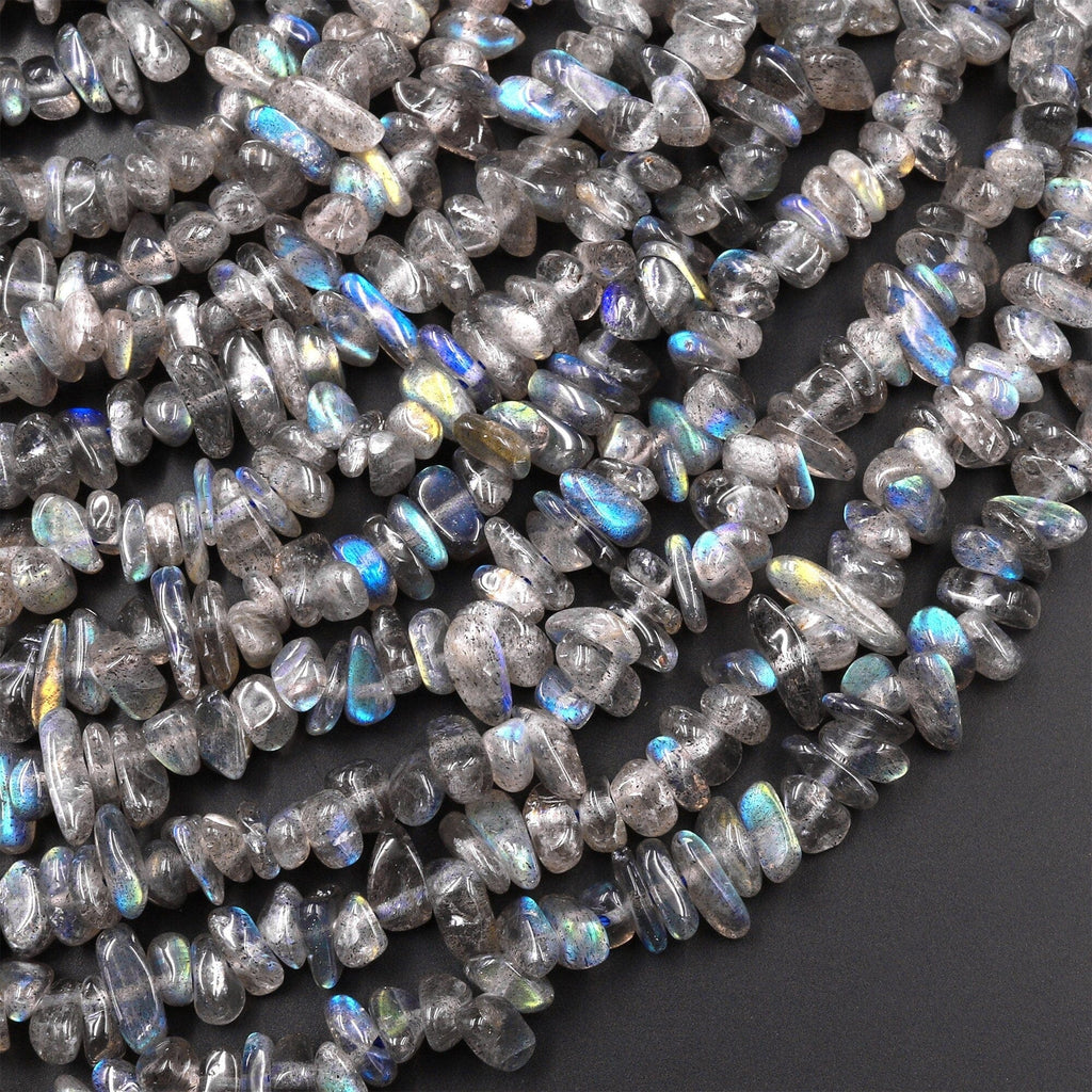 Natural Labradorite Green Blue Flashes Freeform Chip Pebble Nugget Beads Gemstone 15.5" Strand