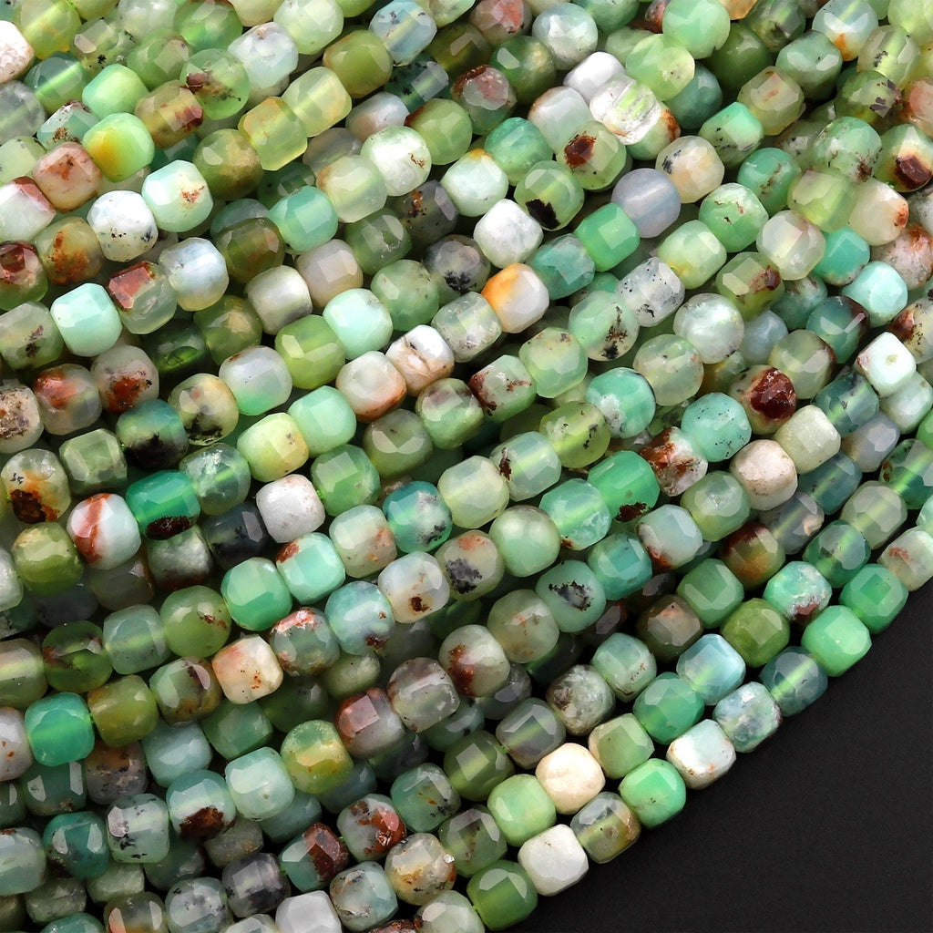 Natural Green Brown Chrysoprase Faceted 4mm Cube Square Dice Beads Gemstone 15.5" Strand