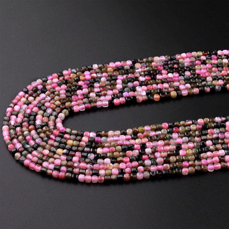 Natural Multicolor Pink Green Tourmaline Faceted 2mm 3mm Cube Square Beads Gemstone 15.5" Strand