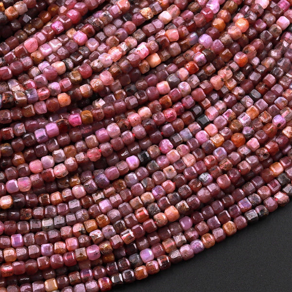 Real Genuine Natural Ruby Faceted 2mm 3mm Cube Dice Square Beads Micro Faceted Laser Diamond Cut 15.5" Strand