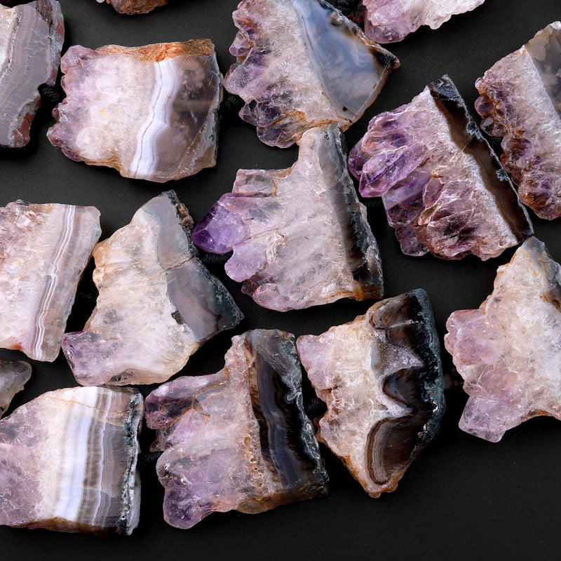 Freeform Natural Amethyst Slice Pendants Focal Beads Raw Rough Purple Crystal Stalactite Slab Center Drilled Gemstone 15.5" Full Strand