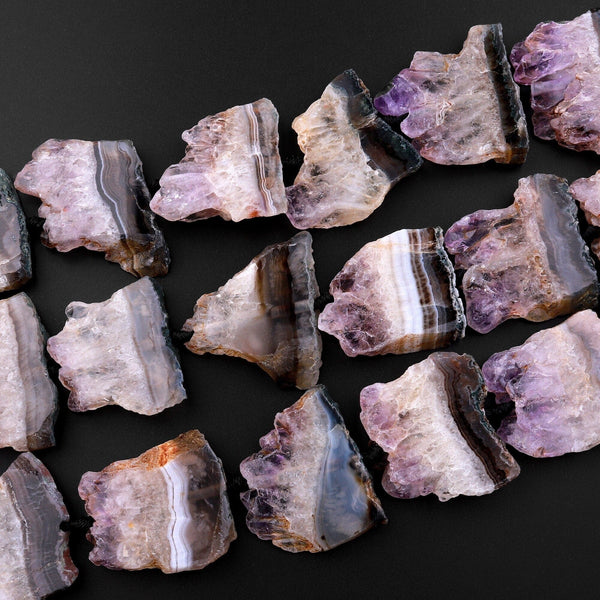 Freeform Natural Amethyst Slice Pendants Focal Beads Raw Rough Purple Crystal Stalactite Slab Center Drilled Gemstone 15.5" Full Strand
