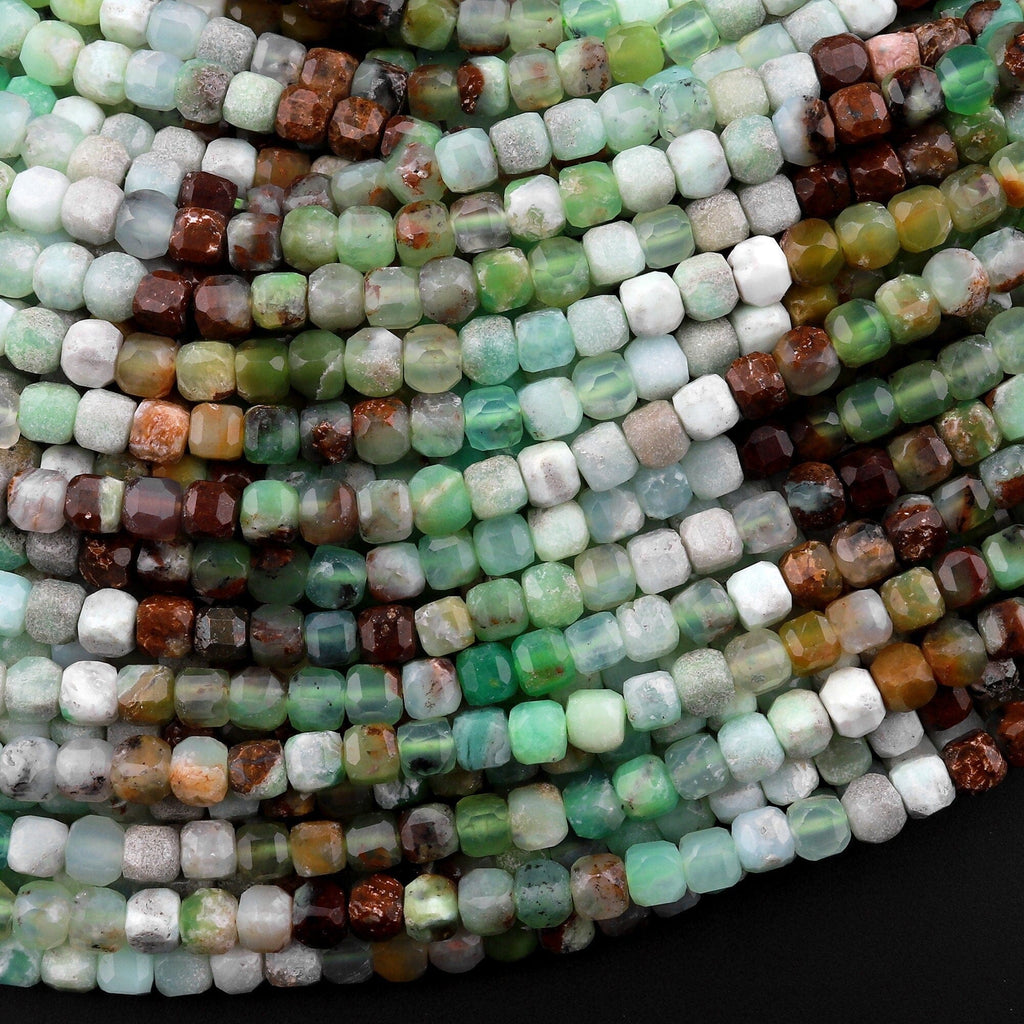 Natural Bicolor Green Brown Chrysoprase Faceted 4mm Cube Square Dice Beads Gemstone 15.5" Strand