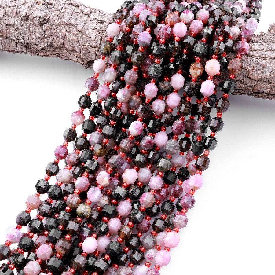 Natural Deep Red Pink Tourmaline Faceted 8mm Beads Energy Prism Double Terminated Points 15.5" Strand