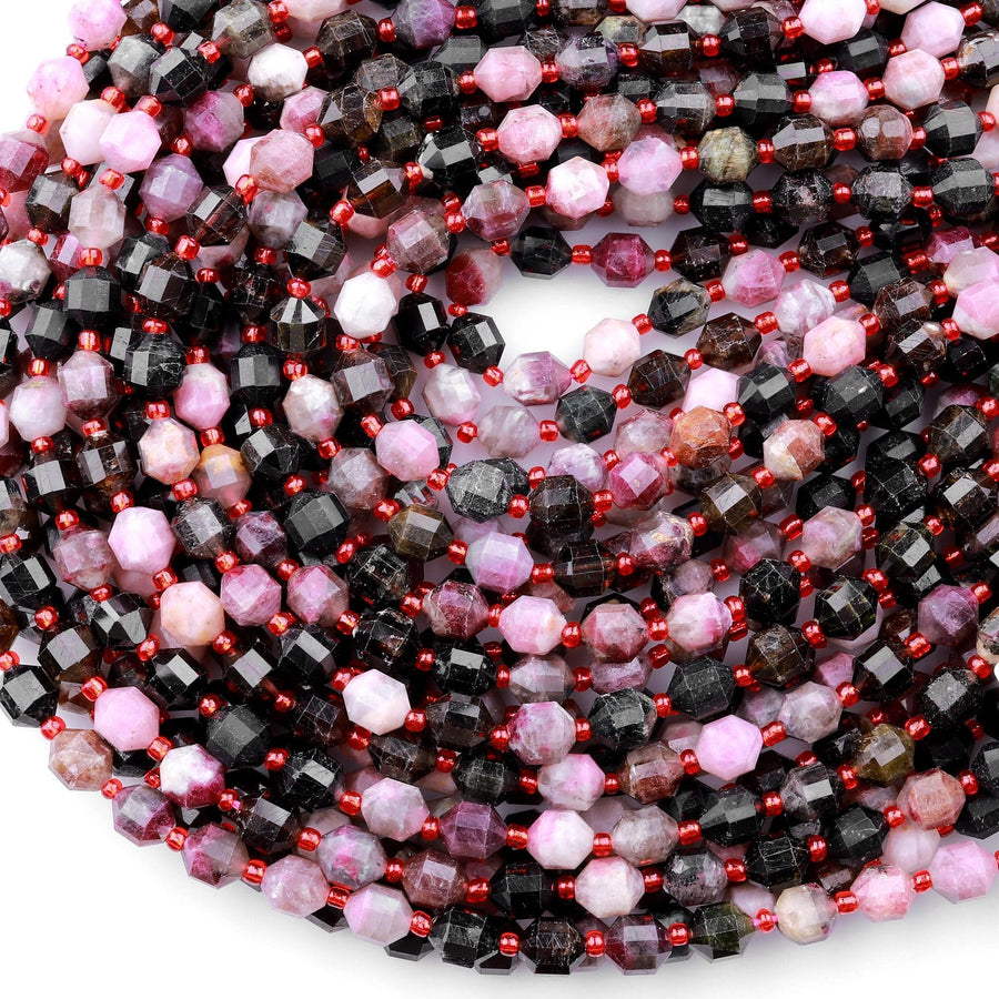 Natural Deep Red Pink Tourmaline Faceted 8mm Beads Energy Prism Double Terminated Points 15.5" Strand