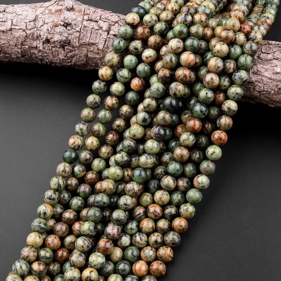 Natural Verdite Jungle Jasper 6mm 8mm 10mm Round Beads Earthy Forest Green Golden Brown Gemstone 15.5" Strand