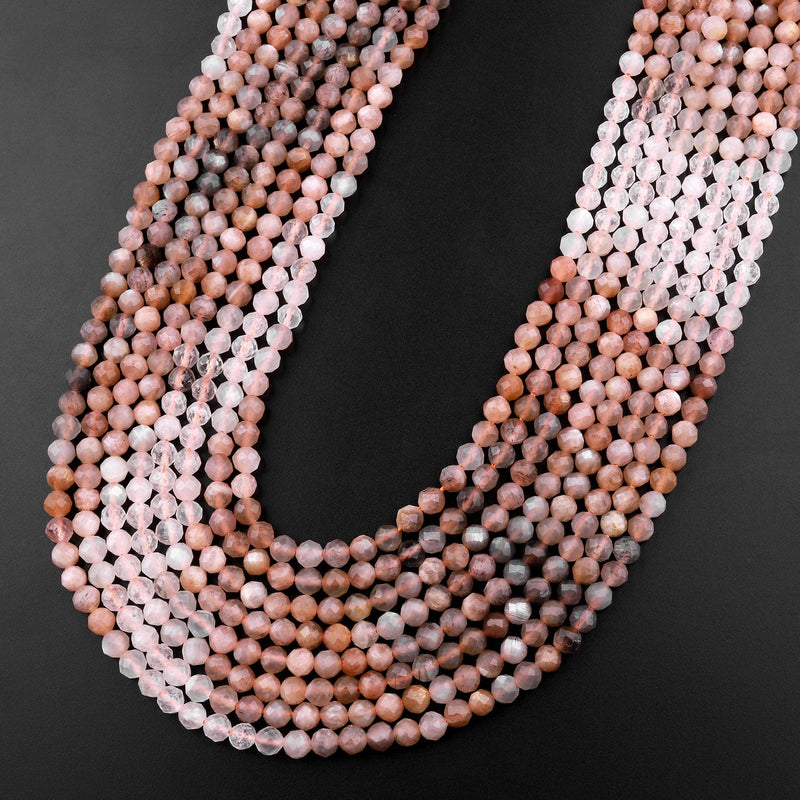 Micro Faceted Natural Multicolor Peach Gray Moonstone 4mm Round Beads 15.5" Strand