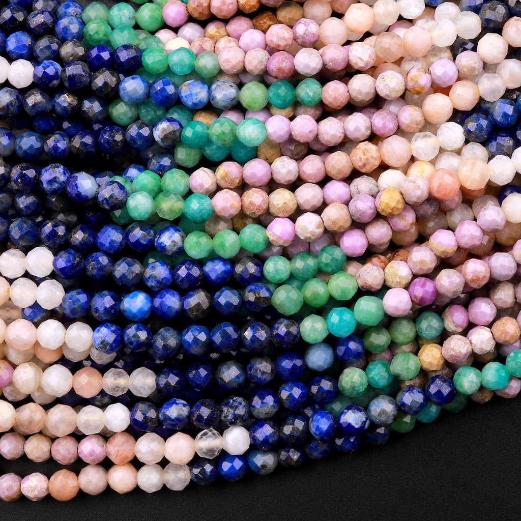 Micro Faceted Multicolor Mixed Gemstone Round Beads 3mm 4mm Lapis Russian Amazonite Phosphosiderite 15.5" Strand