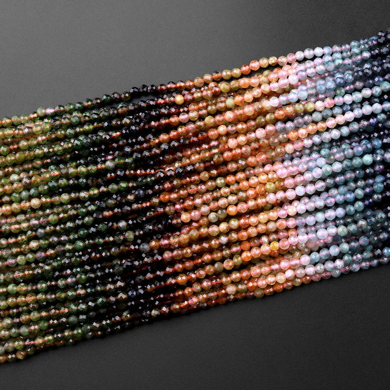Natural Multicolor Pink Green Blue Yellow Tourmaline Micro Faceted 2mm 3mm Round Gemstone Beads 15.5" Strand