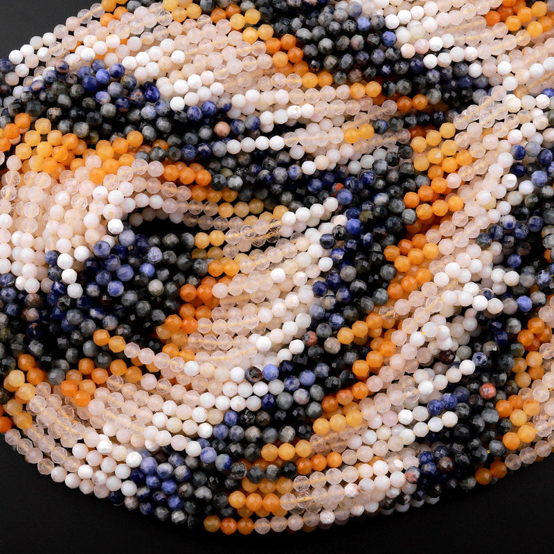 Micro Faceted Multicolor Mixed Gemstone Round Beads 4mm Gradient Yellow Creamy White Blue Shades 15.5" Strand