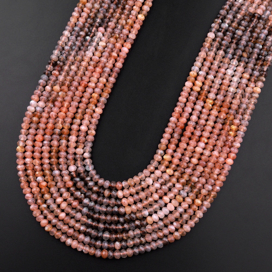 AAA Micro Faceted Natural Multicolor Peach Gray Moonstone 4mm Rondelle Beads 15.5" Strand