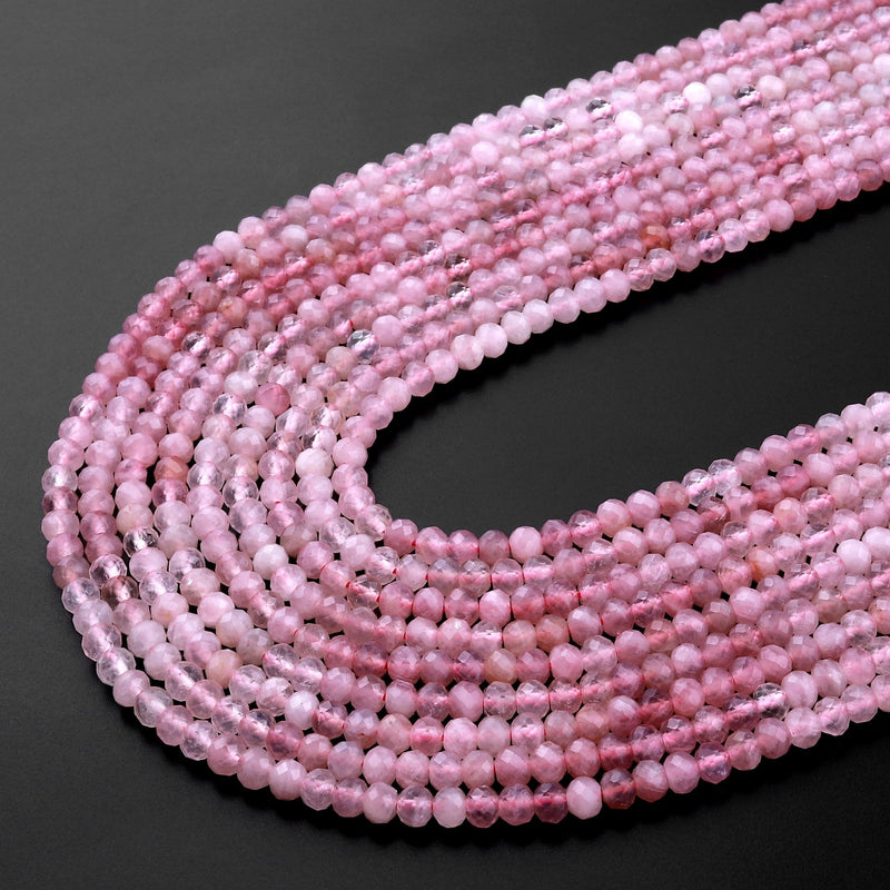 Genuine Madagascar Pink Rose Quartz Micro Faceted 4mm Rondelle Beads 15.5" Strand