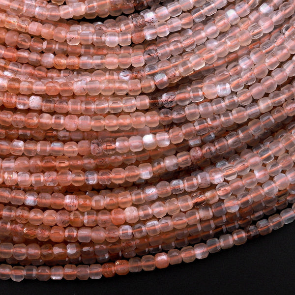 AAA Natural Peach Moonstone Faceted 3mm Cube Dice Square Beads Micro Laser Diamond Cut Gemstone 15.5" Strand
