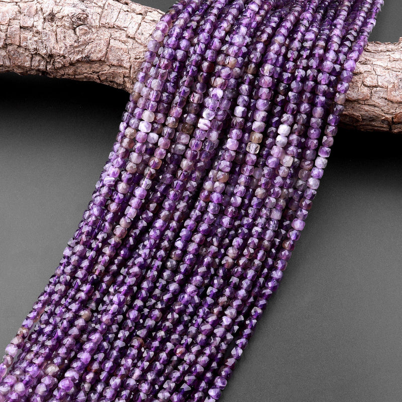 Natural Purple Amethyst 4mm Faceted Cube Square Dice Beads 15.5" Strand