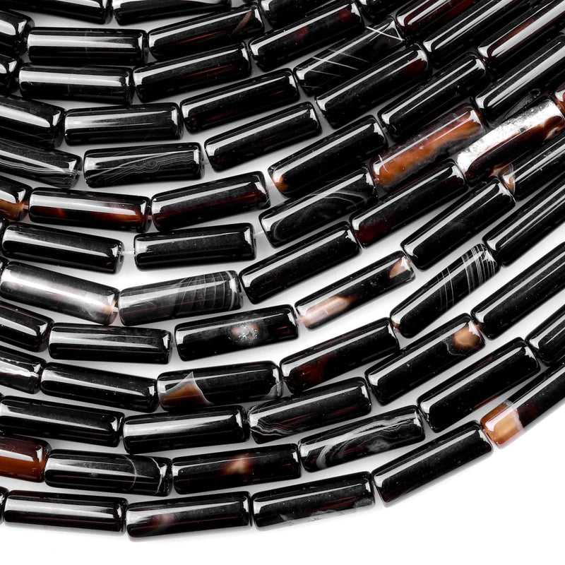 Natural Black Agate Beads Long Thin Tube 15.5" Strand