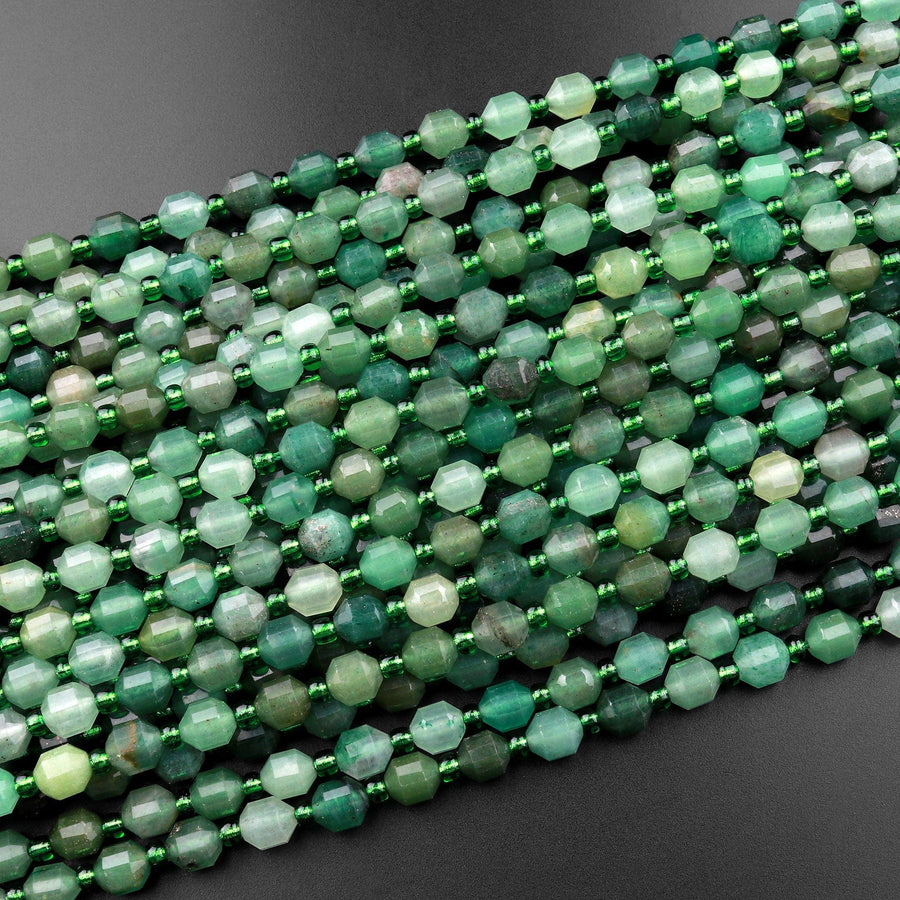 Natural Green Aventurine 6mm Beads Faceted Energy Prism Double Point Cut 15.5" Strand