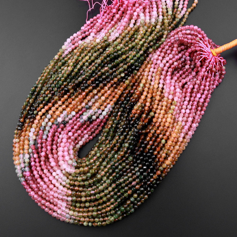 Micro Faceted Natural Multicolor Tourmaline Round Beads 4mm Pink Green Golden Yellow Gradient Shades 15.5" Strand