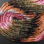 Micro Faceted Natural Multicolor Tourmaline Round Beads 4mm Pink Green Golden Yellow Gradient Shades 15.5" Strand