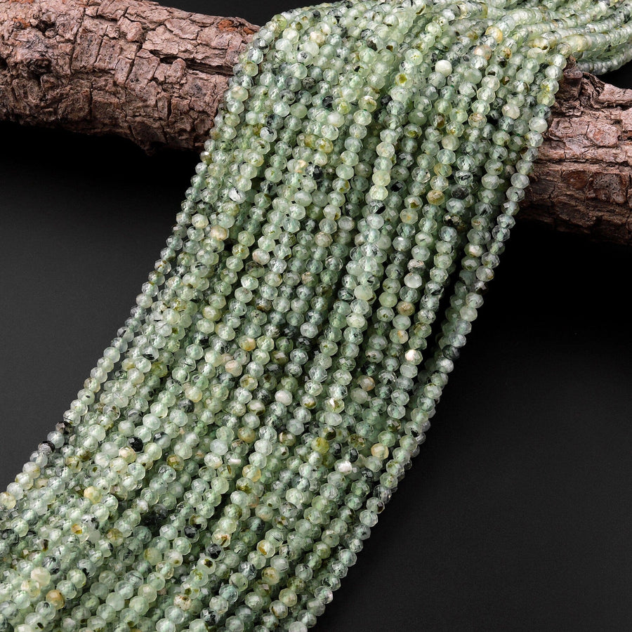 Micro Faceted Natural Green Prehnite Rondelle Beads 3mm 4mm 15.5" Strand