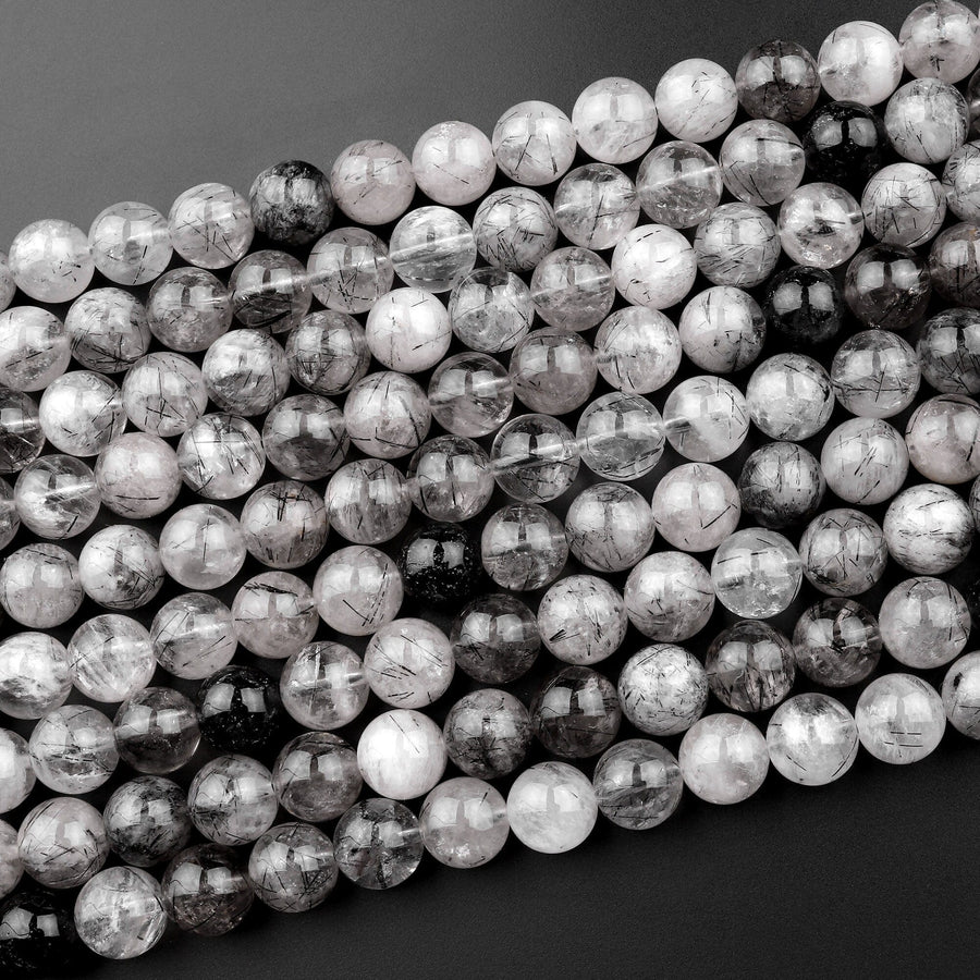 Natural Black Tourmaline Rutilated Quartz Round Beads 6mm 8mm 10mm 12mm 15.5" Strand