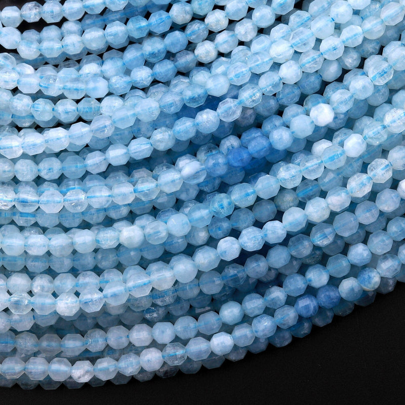 Natural Blue Aquamarine 4mm Beads Faceted Energy Prism Double Terminated Point Cut 15.5" Strand