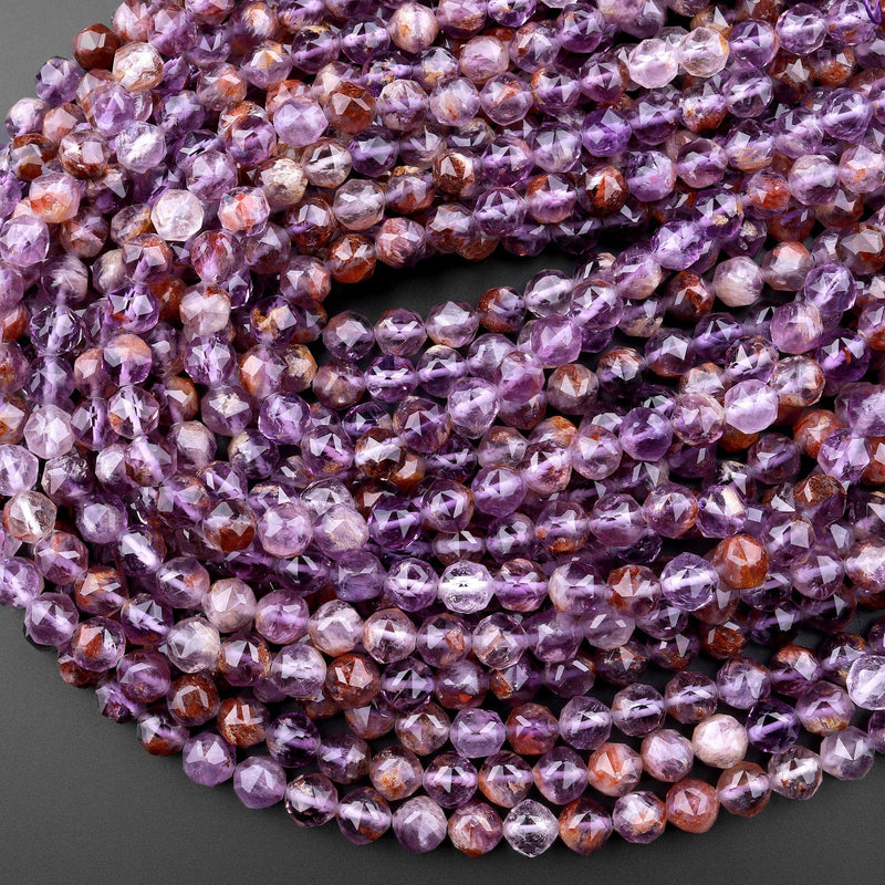 AAA Natural Super 7 Phantom Amethyst Cacoxenite 8mm Beads Faceted Double Hearted Star Cut 15.5" Strand