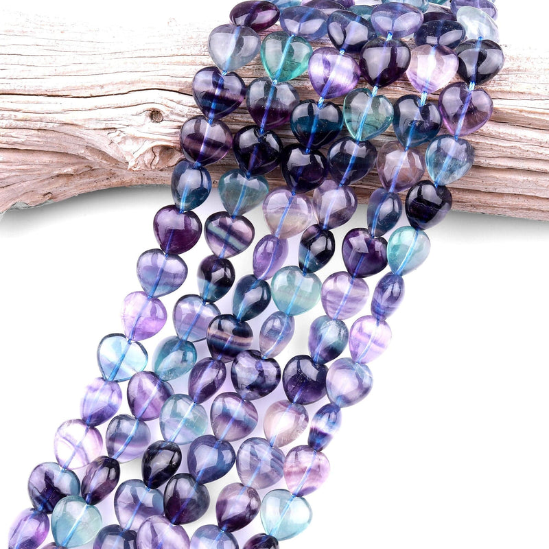 AAA Natural Green Purple Fluorite Heart Beads 15.5" Strand