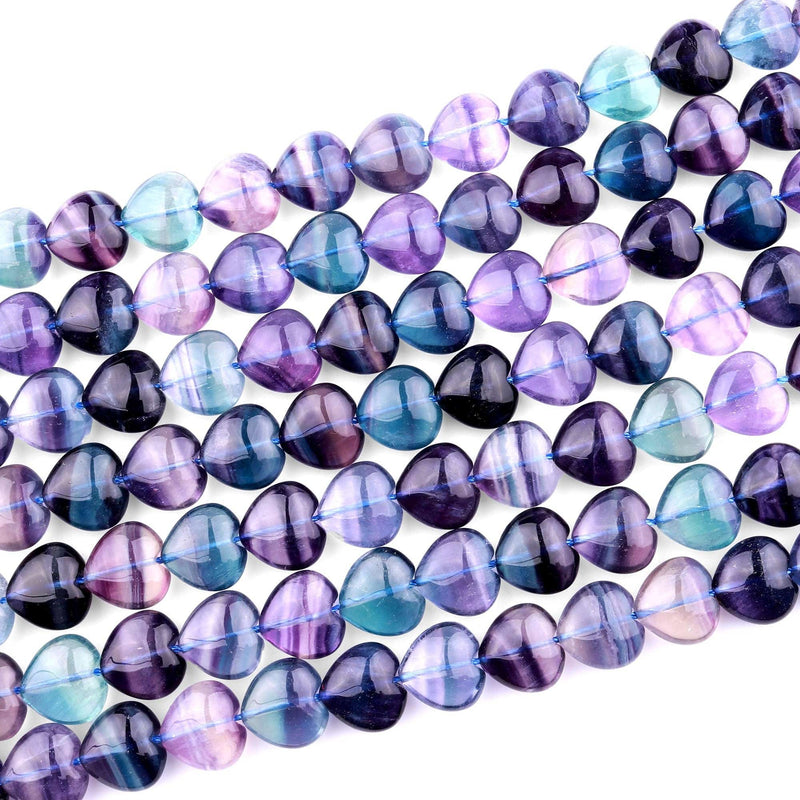 AAA Natural Green Purple Fluorite Heart Beads 15.5" Strand