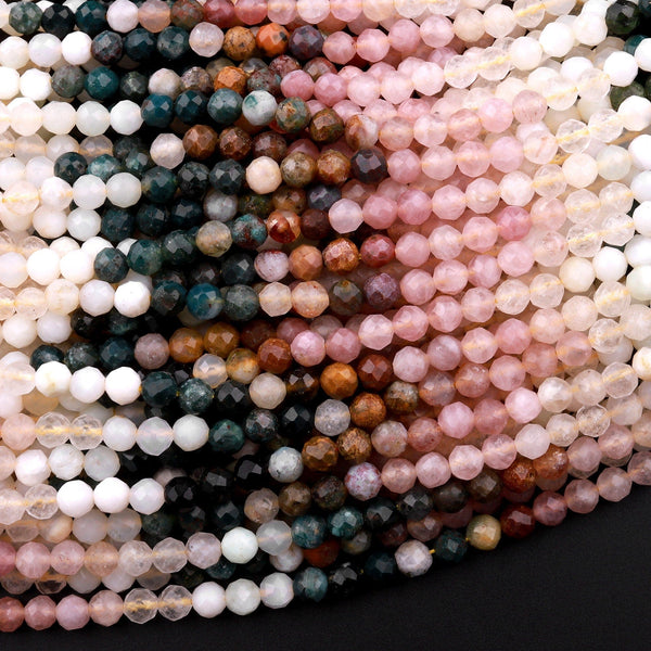 Micro Faceted Multicolor Mixed Gemstone Round Beads 4mm Indian Agate Strawberry Quartz 15.5" Strand