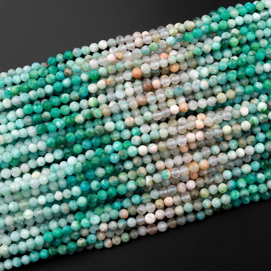 Peruvian Amazonite 3mm Faceted Round Beads Multi Shaded Natural Sea Blue Green Gemstone Micro Diamond Cut 15.5" Strand