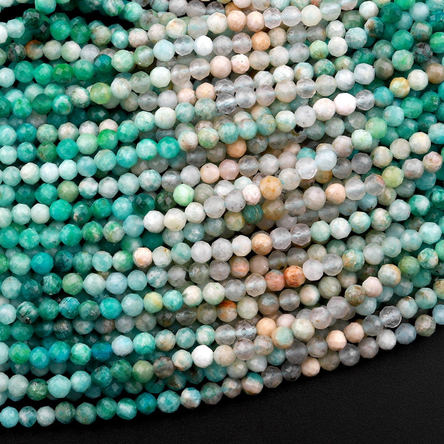 Peruvian Amazonite 3mm Faceted Round Beads Multi Shaded Natural Sea Blue Green Gemstone Micro Diamond Cut 15.5" Strand