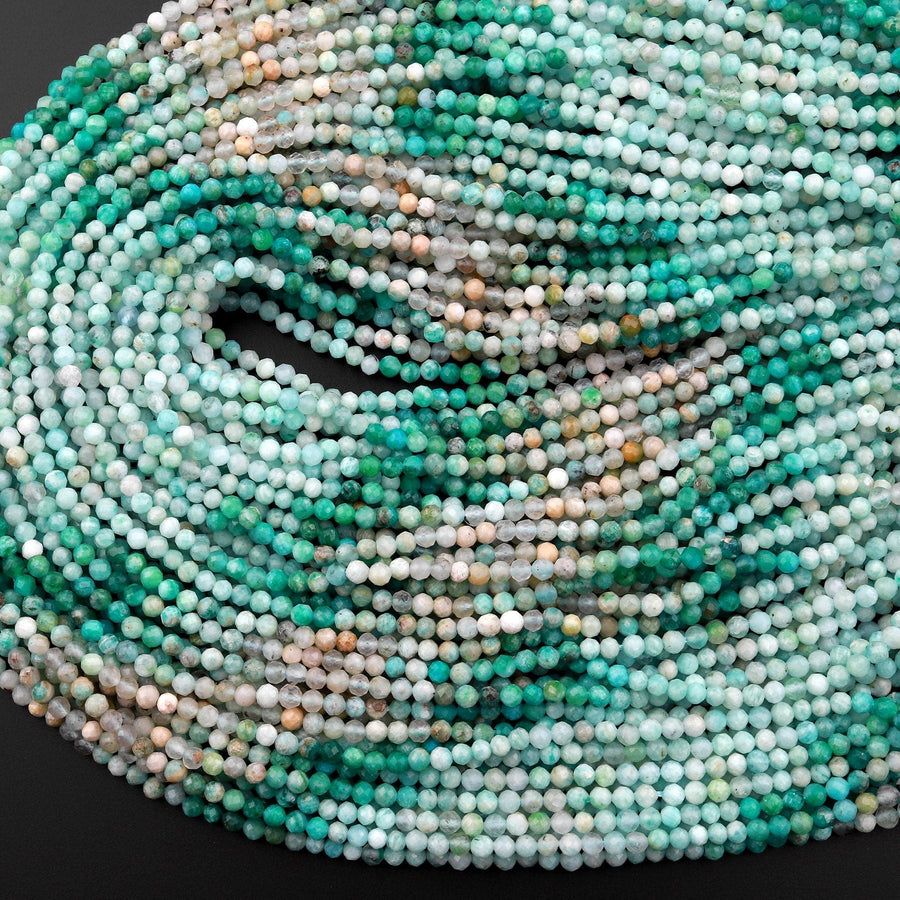 Peruvian Amazonite 3mm Faceted Round Beads Multi Shaded Natural Sea Blue Green Gemstone Micro Diamond Cut 15.5" Strand