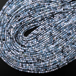 Micro Faceted Natural Blue Aquamarine 3mm Round Beads W/ Black Iron Matrix 15.5" Strand