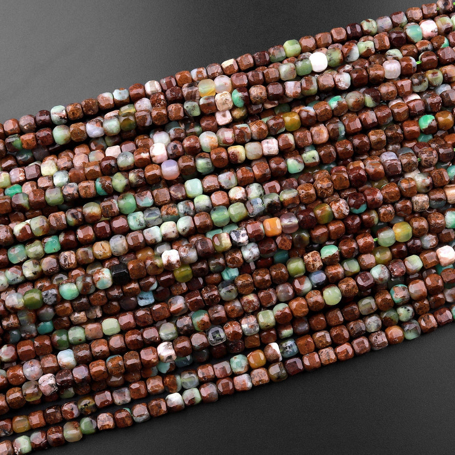 Natural Brown Green Chrysoprase Faceted 4mm Cube Square Dice Beads Gemstone From Australia 15.5" Strand