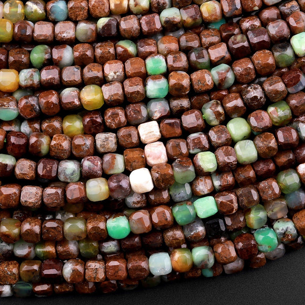 Natural Brown Green Chrysoprase Faceted 4mm Cube Square Dice Beads Gemstone From Australia 15.5" Strand