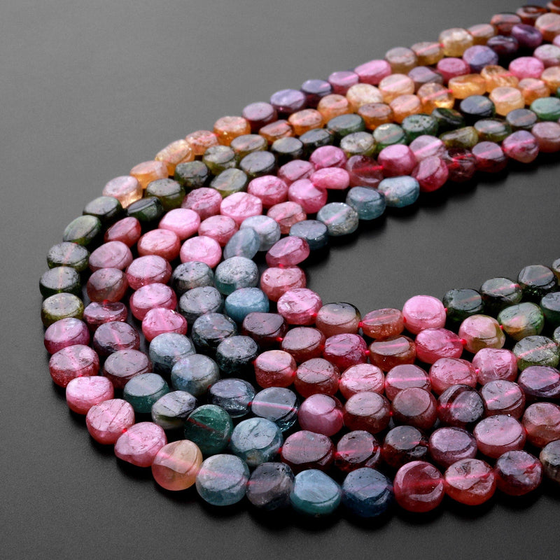 Natural Pink Green Yellow Blue Tourmaline Coin Beads 6mm Vibrant Multicolor Gemstone 15.5" Strand