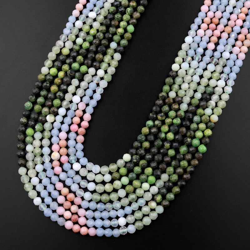 Micro Faceted Multicolor Mixed Gemstone Round Beads 4mm Pink Opal Green Jade Blue Aquamarine 15.5" Strand