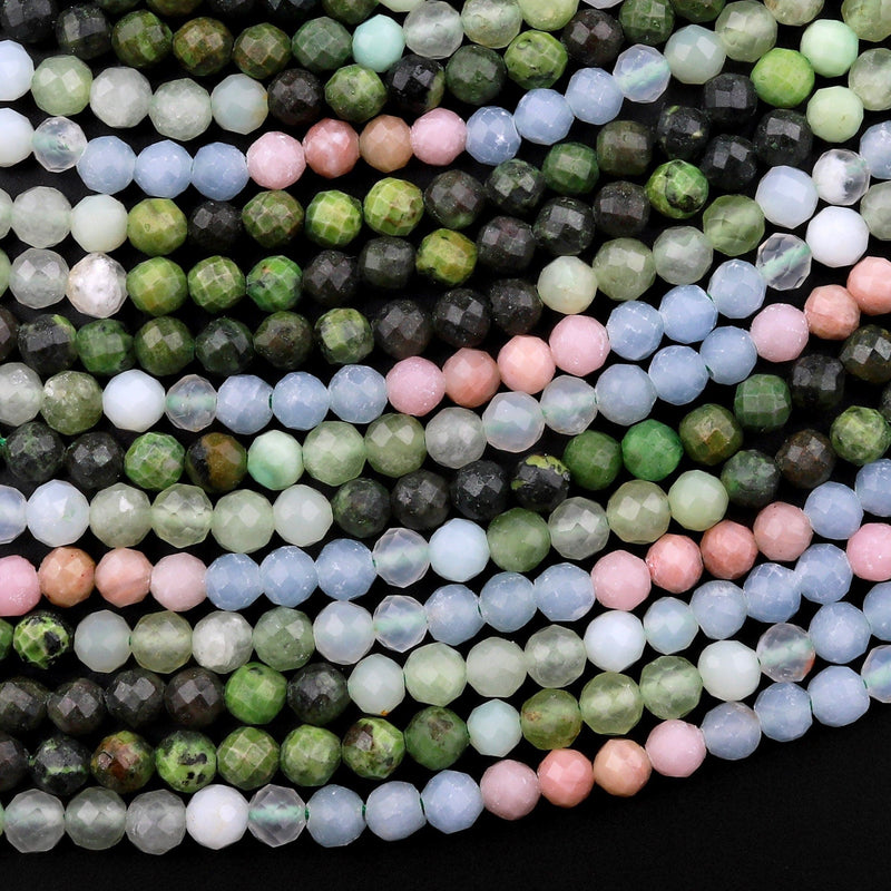 Micro Faceted Multicolor Mixed Gemstone Round Beads 4mm Pink Opal Green Jade Blue Aquamarine 15.5" Strand