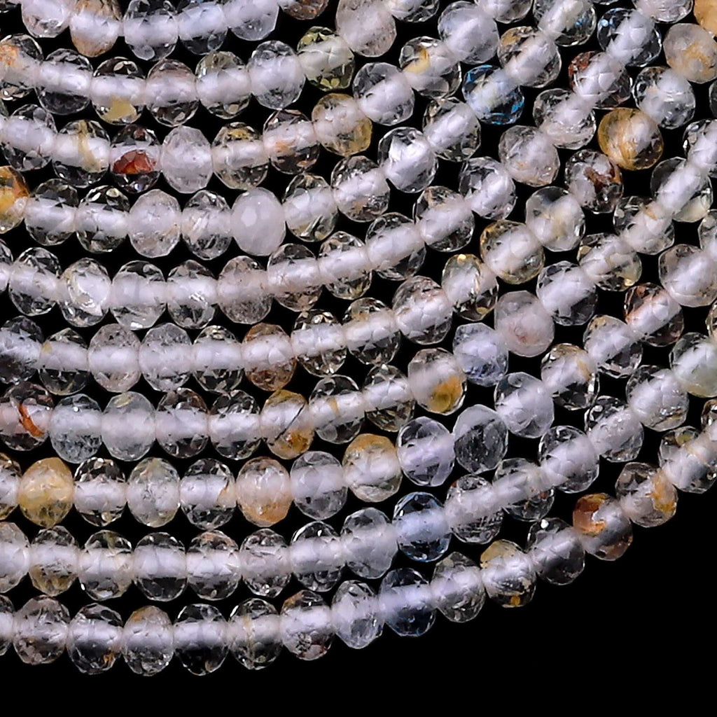 Micro Faceted Natural White Topaz 3mm 4mm Rondelle Beads Laser Diamond Cut Gemstone 15.5" Strand