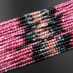 Micro Faceted Natural Multicolor Tourmaline Round Beads 3mm 4mm Pink Green Golden Yellow Gradient Shades 15.5" Strand