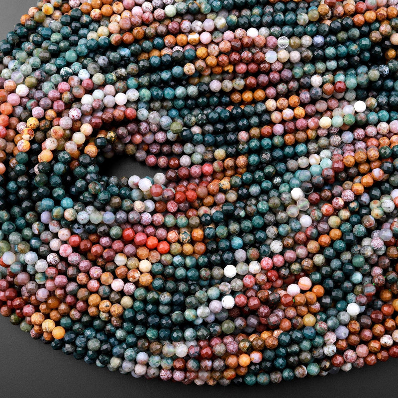 Micro Faceted Natural Multicolor Ocean Jasper Round Beads 4mm Red Brown Green Gradient Shades 15.5" Strand