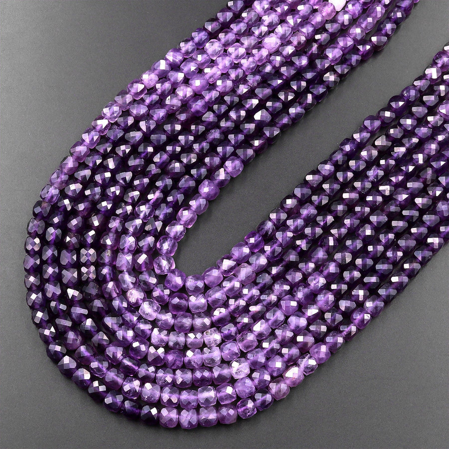 AAA Natural Purple Amethyst 4mm 5mm Faceted Cube Square Dice Beads 15.5" Strand