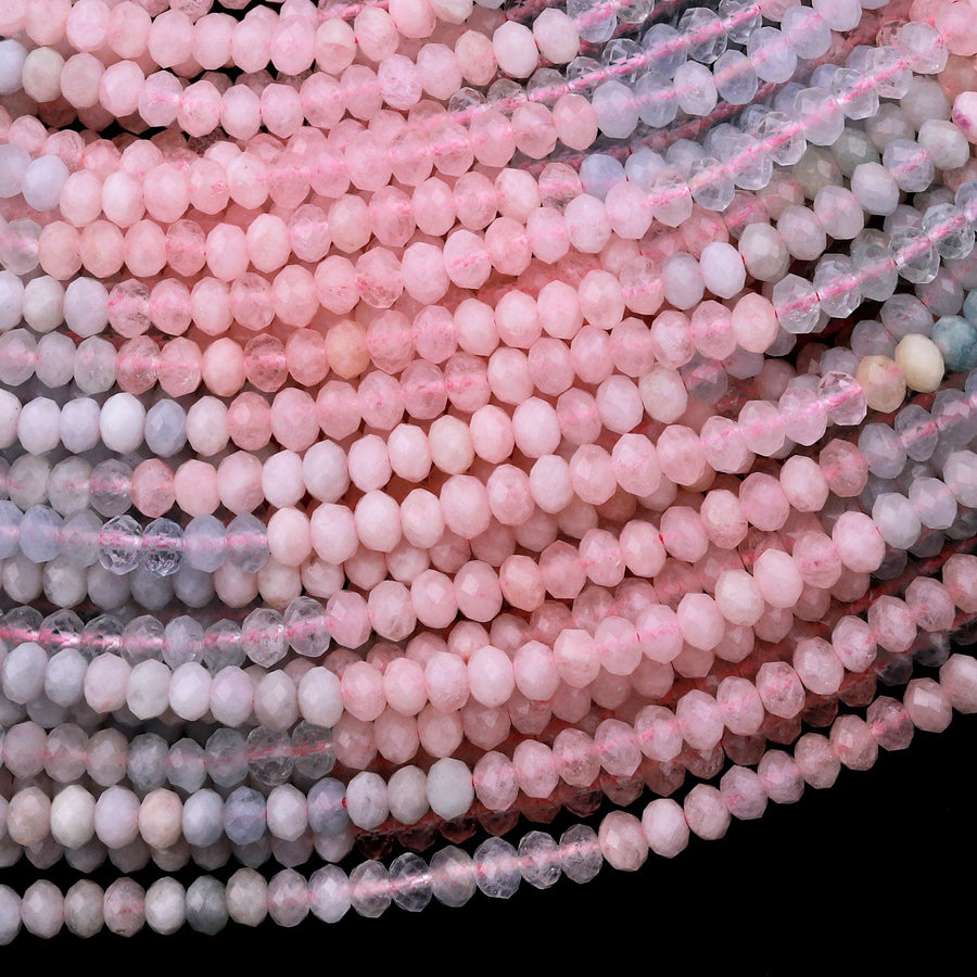 Micro Faceted Natural Multicolor Pastel Blue Aquamarine Pink Morganite 4mm Rondelle Beads 15.5" Strand