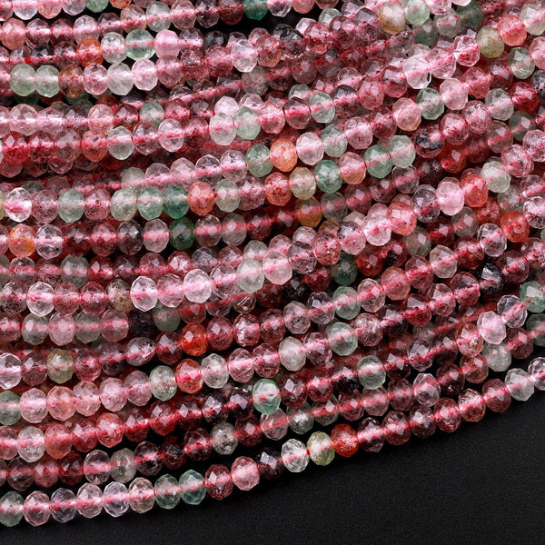 AAA Natural Strawberry Quartz Faceted 6mm Rondelle Beads Micro Laser Cut Pink Green Gemstone 15.5" Strand