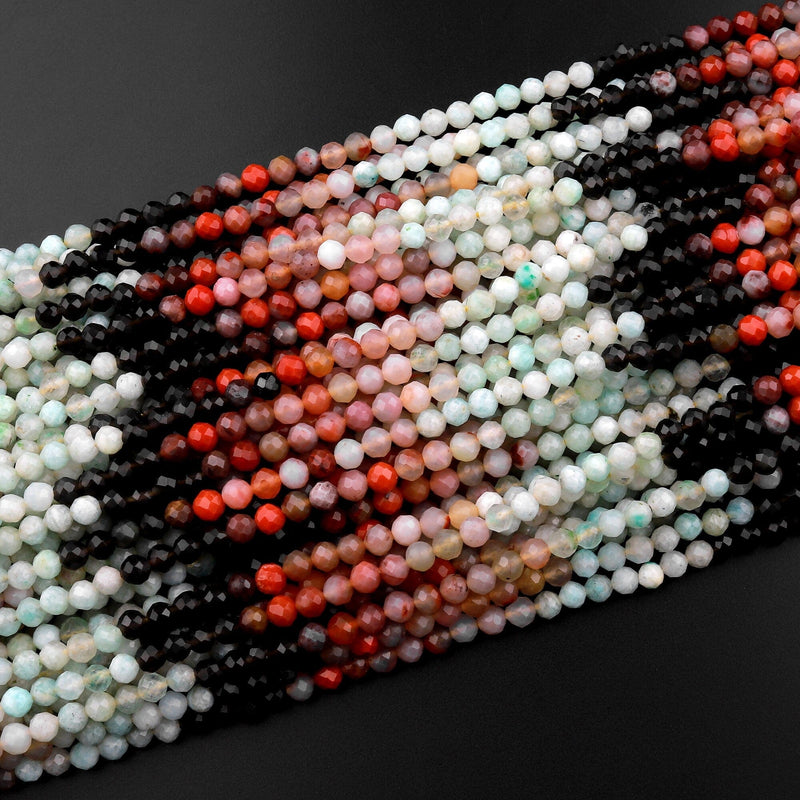 Micro Faceted Multicolor Mixed Gemstone Round Beads 3mm Rainbow Agate Amazonite Smoky Quartz 15.5" Strand