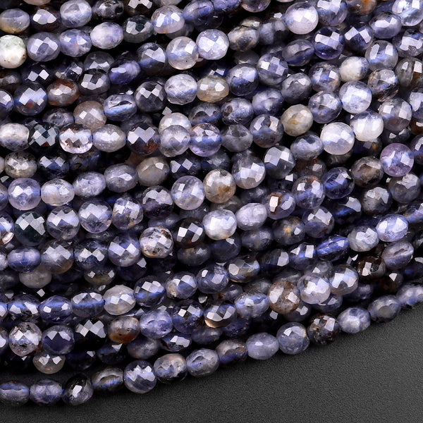 Faceted 4mm Natural Iolite Coin Beads Gemstone 15.5" Strand