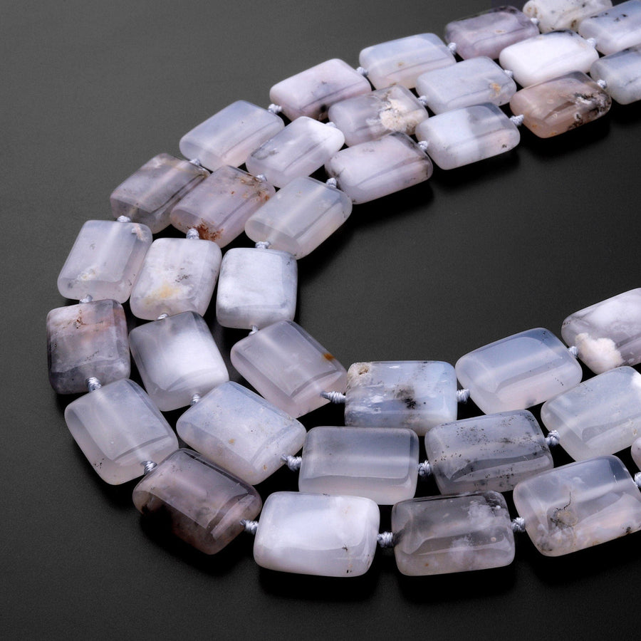 Icy! Natural Angel Chalcedony Beads Smooth Rectangle Beads With Interesting Black Dendritic Pattern Gemmy Translucent Gemstone 15.5" Strand